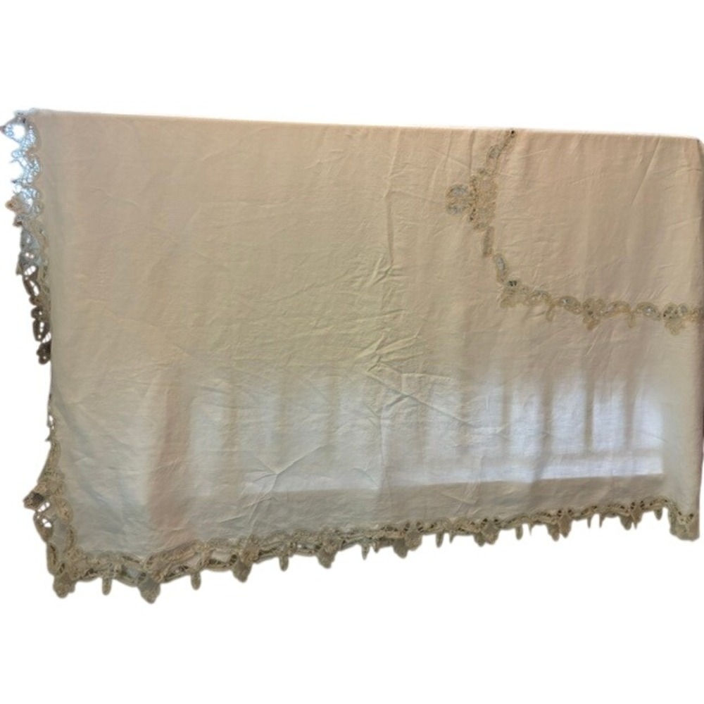 Vintage Tablecloth 152x70 White Excellent Lace Linen Embroidered